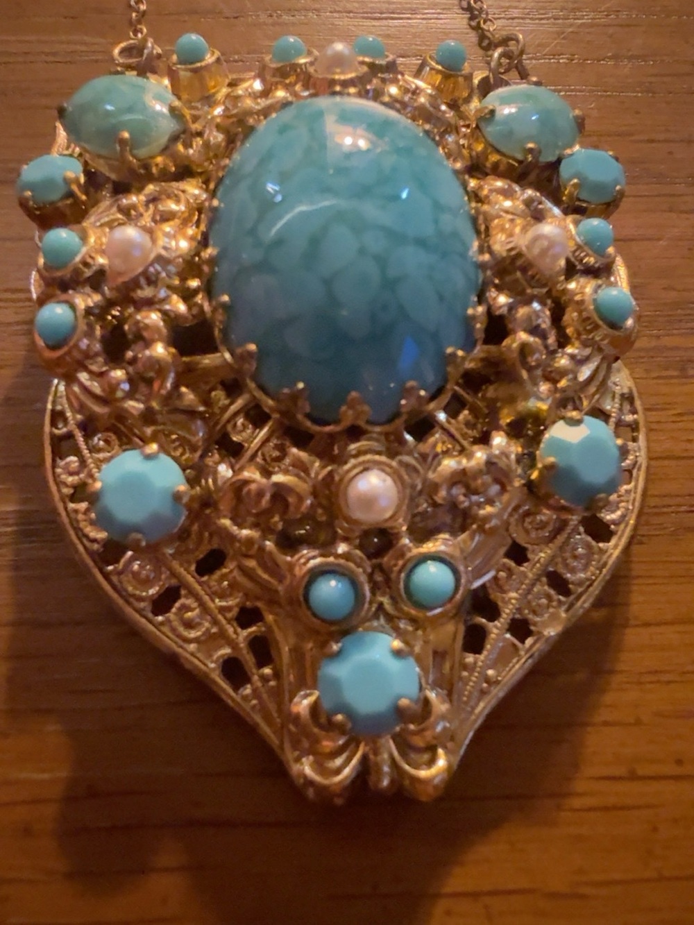 Vintage Faux Turquoise Filigree Brooch Pendant Necklace Statement Jewelry